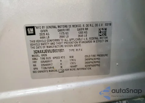 2018 Chevrolet Equinox Lt from USA, damaged, VIN 3GNAXJEV8JS601801